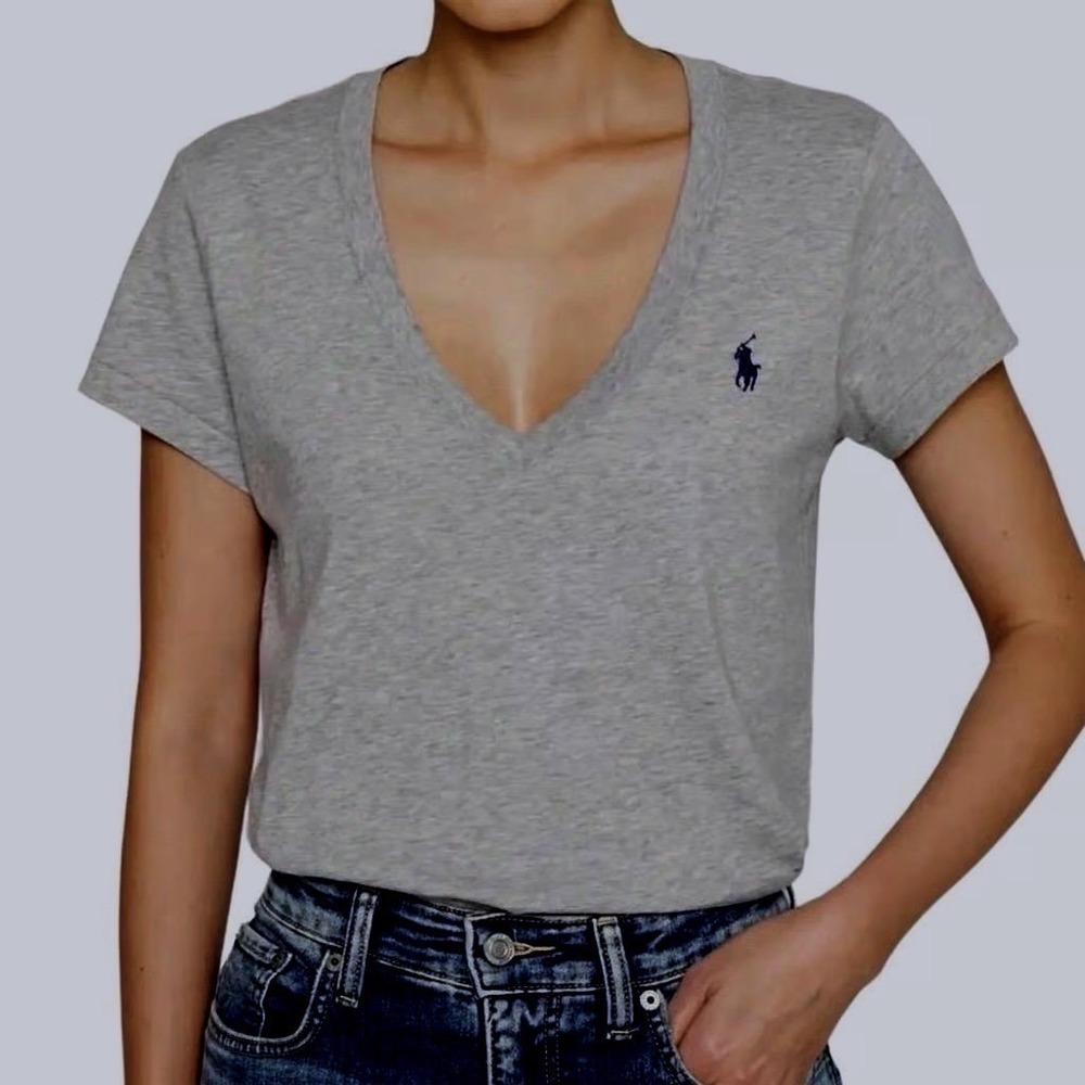Polo Ralph Lauren Womens V-Neck T-Shirt Heather Gray Cotton Pony Logo Size M